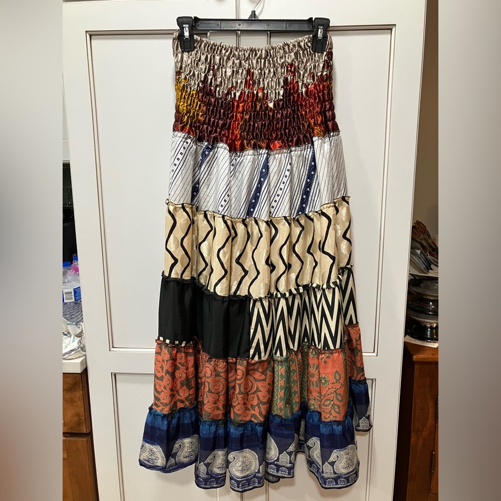Jessica Taylor Skirt Maxi 100% SILK Patchwork stretch Free Size Small-Large BOHO